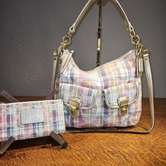 Coach Poppy Madras Tartan Plaid Set Hobo Crossbody Bag Wristlet - Picture 1 of 15